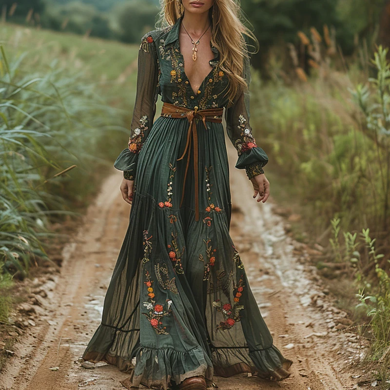 Kaftan Women Boho - Abito vintage con stampa floreale alla